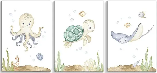 Yuaruo Ocean Animal Nursery Canvas Wall Art, 3 Piece Under The Sea Artwork Poster, Cute Life Aquatic Turtle Octopus Print Painting Decor for Baby Bedroom Playroom Classroom 12x16in Unframed