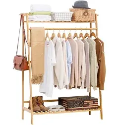 Bamboo Garment Coat Clothes Hanging Heavy Duty Rack with Top Shelf and Shoe Clot