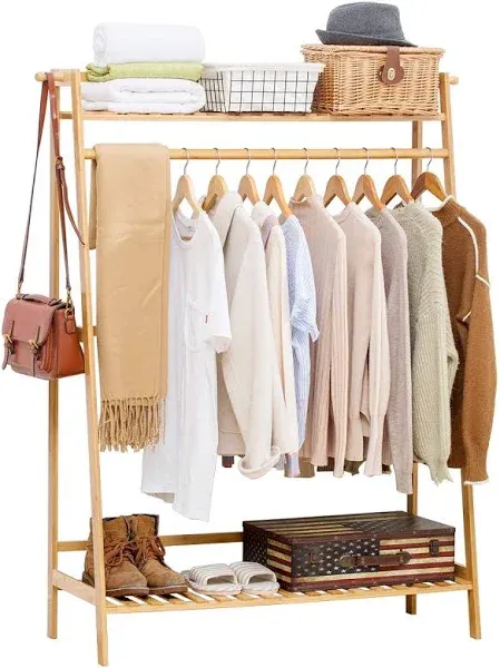 COPREE Bamboo Garment Coat Clothes Hanging Heavy Duty Rack with Top Shelf and Shoe Clothing Storage Organizer Shelves