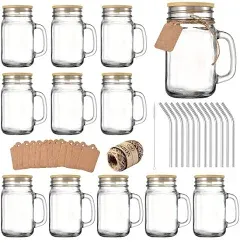 Mason Jar with Lid and Straw，Mason Jar Cups,Mason Jar Drinking Glasses,16 Oz Mas