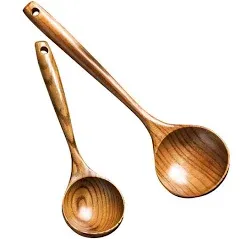 2 Pcs Wooden Spoon Ladle Utensils Spoons-14 inch Long Kitchen Cooking Spoon & 11 inch Best Serving Soup Spoon Set