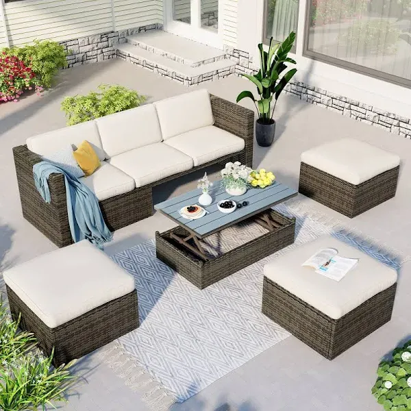 Merax 5 Pcs Patio Conversation Sets, Outdoor Patio Sofa with Adjustable Backrest, Cushions, Ottomans and Lift Top Coffee Table, Beige