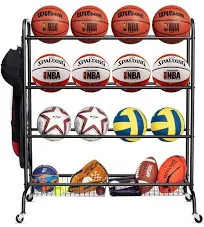 Basketball Rack, Rolling Basketball Shooting Training Stand,Sports Equipment Storage with Wheels, Four-Layer Organizer Holder with Two Basket for Basketballs Footballs Volleyball