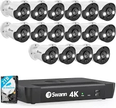 Swann Home Security Camera System with 2TB HDD, 16 Channel 16 Cam, POE Cat5e NVR 4K HD Video, Indoor/Outdoor Wired Surveillance CCTV, Color Night Vision, Heat Motion Detection, LED Lights, 1686816FB