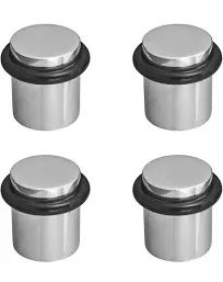 Premium Polished Chrome Door Stop with Rubber, Residential or Commercial Use - 4 Pack - Cylindrical Round Design, Door Stoppers Wall Protector, Door Stops, Screw On (Chrome, Thin Rubber)