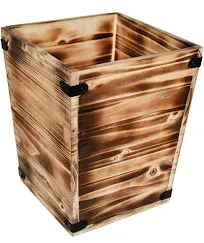 Owlgift Decorative Rustic Burnt Wood Trash Can, Farmhouse Stylish Wooden Waste Basket Near Desk, Square Garbage Cans Trashcan with Metal Brackets for Office, Bedroom & Bathroom