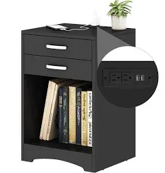 Black Nightstand with Charging Station 2 Drawer Bedroom Nightstand Wood Sofa Side Table End Table with USB Ports and Storage, Small Kids Nightstand