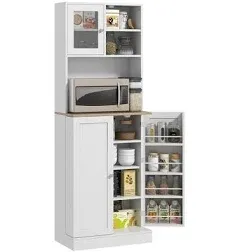 HOMCOM 66.5" Pantry Cabinet with Microwave Stand, Freestanding Kitchen Storage Cabinet with Hutch, 8 Door Shelves, Adjustable Shelves, Food Pantry Cabinet for Dining Room, White