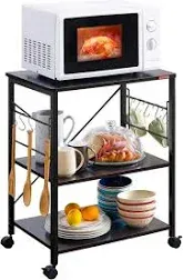 Kitchen Shelf Microwave Cart, Coffee Bar 3 Tier Rolling Utility Microwave Shelf with Wheels, Coffee Cart with Storage Bread Rack with 10 Hooks (Black Board+Black Metal Frame), YST-013