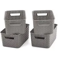  Pack of 4 Small Gray Plastic Woven Knit Baskets Storage 11 x 7.3 x 5 inch