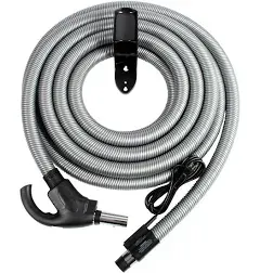 Cen-Tec Systems Central Vacuum Universal Connect Electric Hose with Flush Handle and Hose Hanger, Silver, 30 Ft. w/Flush Handle and Pigtail (97184)