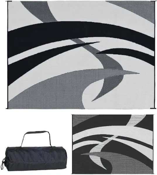 Reversible Mats Outdoor Patio/RV Camping Mat - Swirl (Black/White, 9-Feet x 12-Feet)