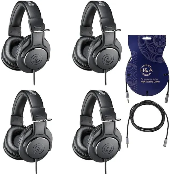 Audio-Technica Audio-Technica [4-Pack] ATH-M20x Professional Monitor Headphones, 96dB, 15-20kHz, Black Bundle wit 2x H&A 3.5mm Male TRRS to 3.5mm Female Headset Extension Cables 6"