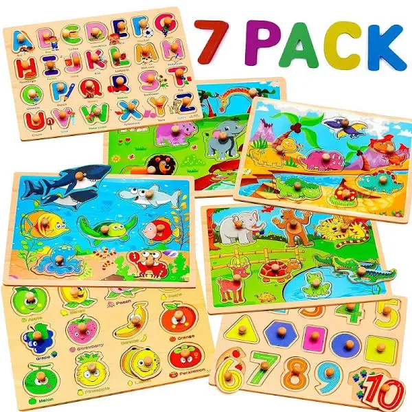 7 Pack Wooden Puzzles for Toddlers 2 3 4 5 Years Old - 7 Colorful Chunky Wood...