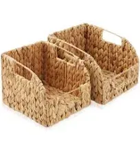 Casafield Set of 2 Water Hyacinth Pantry Baskets with Handles, Woven Storage Bin Organizers for Kitchen Shelves, Medium and Large Sizes