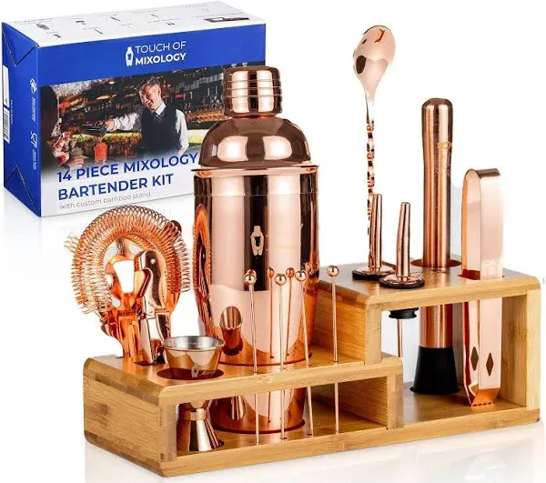 Bartender Kit with Cocktail Shaker, Stylish Bamboo Stand, Liquor Pourers for an Perfect Drink Mixing Experience - 14 Piece Barware Essentials Cocktail Shaker Set (Rose Gold)