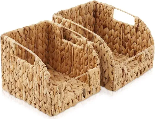 LGEHOOM Wicker Storage Baskets Rattan Basket Open-Front Pantry Baskets With Handles Handwoven Rattan Shelf Baskets for Organizer and Storage, 2 Pack, Grey