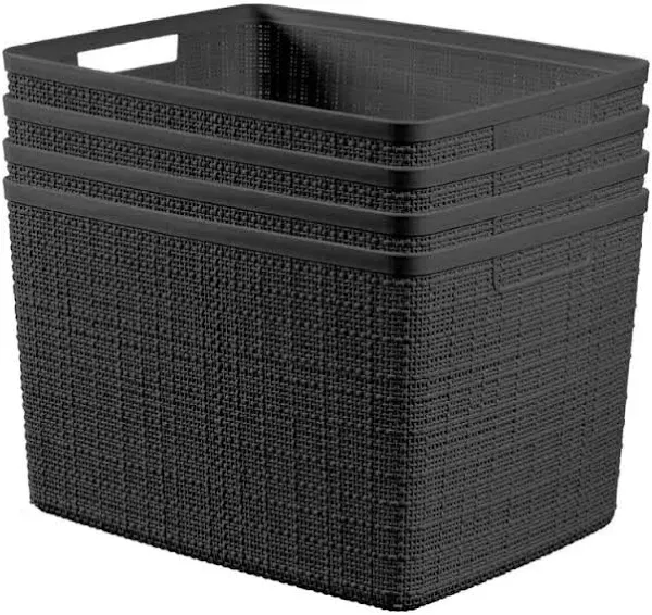 Curver Set of 4 Jute Large Decorative Plastic Organization and Storage Baskets