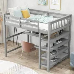 Full Size Loft Bed with Desk and Storage Shelves Wood Loft Bed Frame with Guard Rail for Kids