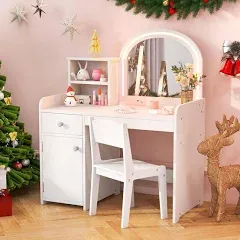 INFANS Kids Vanity, Princess Makeup Desk and Chair Set with Lights Mirror Drawer