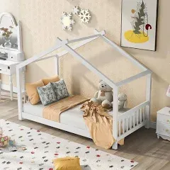 White Wood Twin House Bed Platform Bed Headboard Footboard Kids Tent Bed Floor Bed