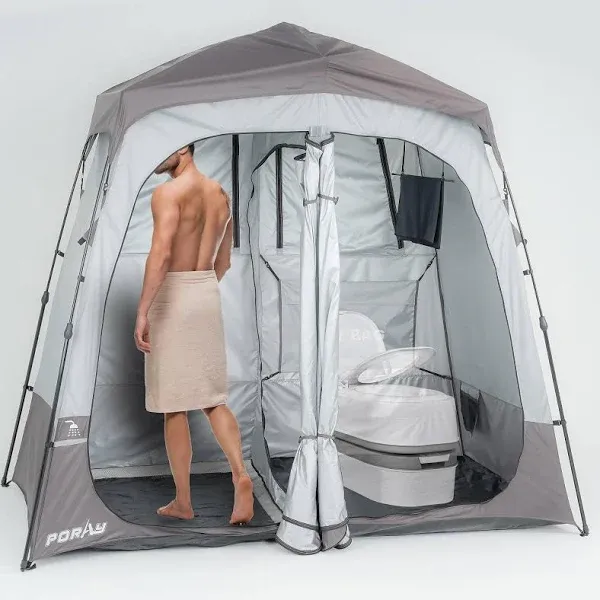 Camping Shower Tent Deluxe Changing Room Easy Set Up Privacy Shelter,Large Toilet Tent 2 Rooms with Floor Drain Design for Beach, Camping,Hiking with Stakes and Ropes for Stability