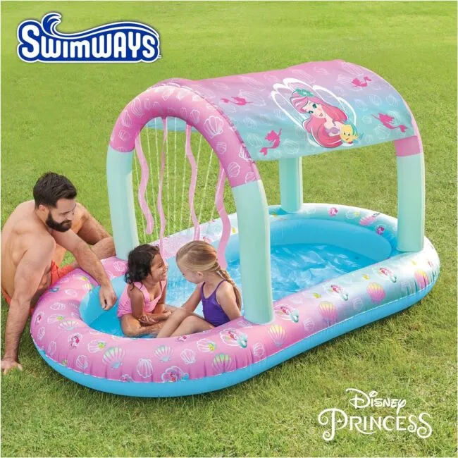 SwimWays Disney Princess Ariel Water Castle Deluxe Inflatable Pool, Above Ground Pool with Canopy and Fast Inflation for Kids Aged Aged 3 & Up