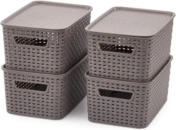 4pcs Lidded Storage Bins, Plastic Stackable Weaving Wicker BasketGray 11x7.3x5.1