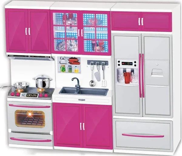 Liberty Imports Doll Kitchen Playset for Kids, My Modern Mini Kitchen House Furniture Pretend Play Toy Accessories Set with Realistic Lights & Sounds for Toddlers, Girls (3-in-1)