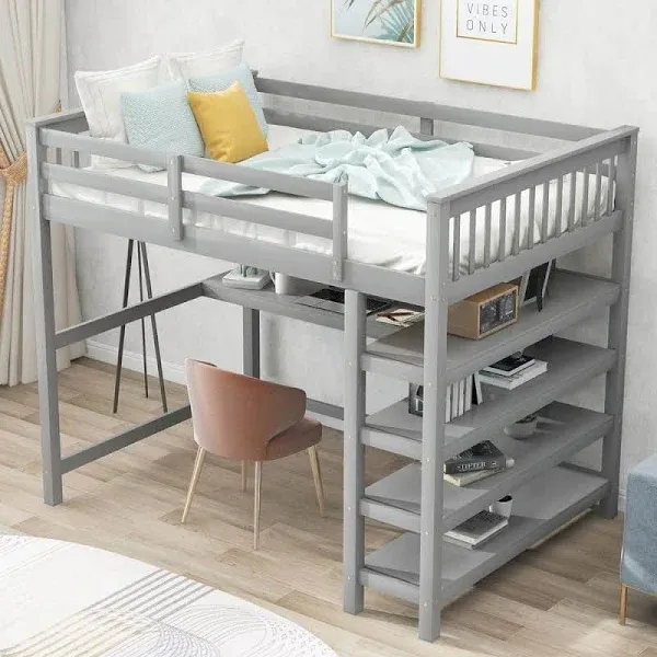 Full Size Loft Bed with Desk and Storage Shelves Wood Loft Bed Frame with Guard Rail for Kids