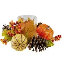 Northlight 10" Pumpkin, Berry, and Pine Cone Fall Harvest Tealight Candle Holder