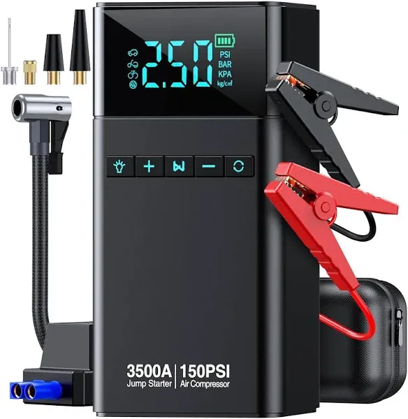 Portable Car Jump Starter with Air Compressor, 3500A 150PSI Battery Black 