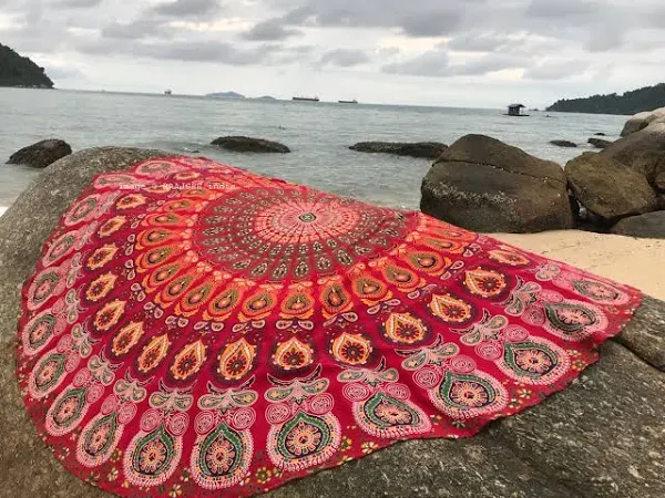 Raajsee Red Mandala Round Beach Tapestry