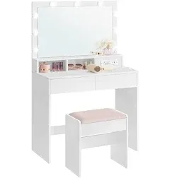 VASAGLE Vanity Desk with Power Outlets, Makeup Vanity with Mirror and Lights, with Upholstered Vanity Stool, 9 Dimmable LED Lights, 2 Compartments, 2 Drawers, for Bedroom, Ink Black URDT029B01