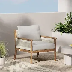 Nathan James Kayden Bohemian Wooden Upholstered Armchair, Outdoor Lounge Chair with Removable Cushion Covers and Solid Acacia Wood Frame, Light Brown