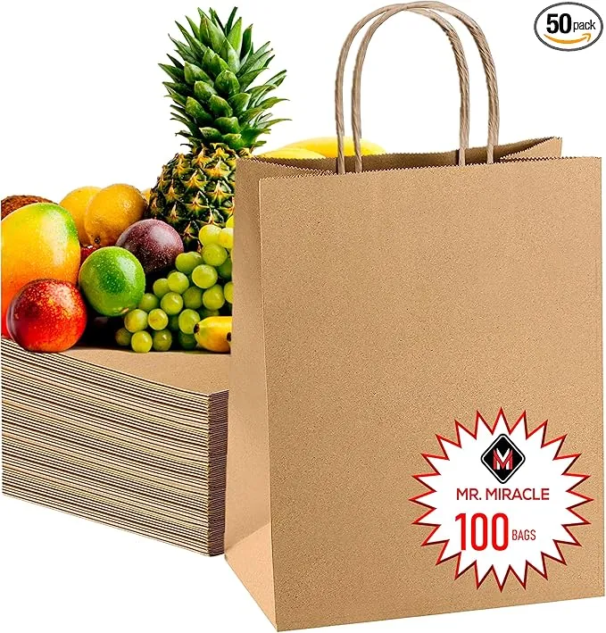 57 Lb Large Kraft Paper Grocery Bags with Handles - 50 Count 12 x 17 x 7 - Durable, Reusable & Eco-Friendly Shopping Bags, Brown Kraft Take-Out Bags for Retail, To-Go, Any Occasion (50, With Handles)