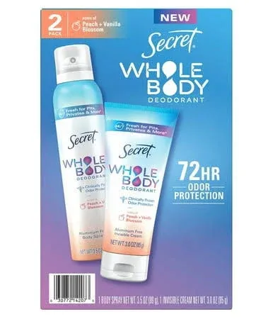 Secret Whole Body Deodorant for Women, Spray + Cream, Peach &amp; Vanilla Blossom