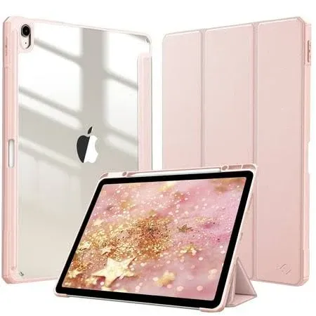 Fintie Hybrid Slim Case for iPad Air 13-inch (M2) 2024, [Built-in Pencil Holder] Shockproof Cover with Clear Transparent Back Shell, Rose Gold