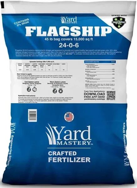 Yard Mastery 24-0-6 Flagship Granular Lawn Fertilizer with 3% Iron, Bio-Nite™, 45 lb Bag Covers 15,000 sq ft, 6% Potassium, Micronutrients and 24% Slow Release Nitrogen