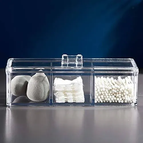 Qtip Holder Cotton Ball and Swab Dispenser with Lid Clear Acrylic 3 Compartments