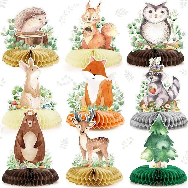 Fumete 9 Pack Woodland Animals Honeycomb Centerpieces 3D Table Topper Woodland Animals Centerpieces Woodland Baby Shower Decorations for Girl Boy Forest Theme Baby Shower Birthday Party Camping Decor