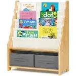 OOOK Solid Wooden Bookshelf for Kids, 27.6" L x 11" W x 34" H Toddler Bookshelf Equipped with 4 Sling Bookshelf, 2 Toy Organizer Shelves and Storage