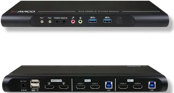 Avico Dual Monitor KVM Switch 2 Computers 2 Monitors- HDMI 2.0 & USB 3.0-EDID Emulation-4K@60Hz, 1440p@144Hz, 1080p@240Hz - Compatible with Laptops, Desktops, Windows,Mac OS M1/M2/M3, Linux, Ubuntu