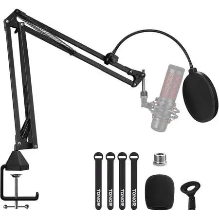 Microphone Arm Stand, TONOR Adjustable Suspension Boom Scissor Mic Stand with Pop Filter, 3/8" to 5/8" Adapter, Mic Clip, Upgraded Heavy Duty Clamp for Hyperx Blue Yeti Rode Elgato etc. Mics (T20)