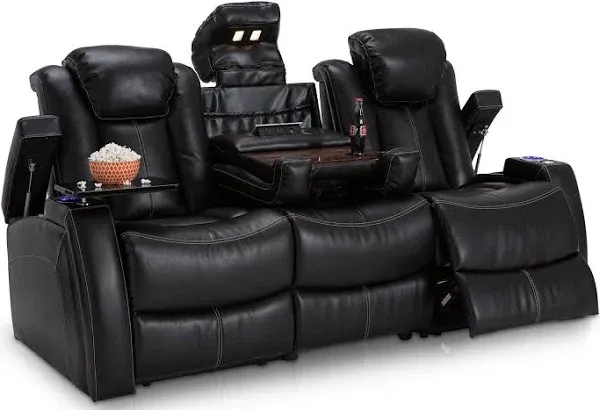 Lane Omega Home Theater Seating Black Leather Gel Power Recline Loveseat with Center Storage Console