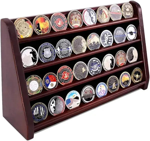 4 Rows Military Wooden Challenge Coin Display Case Wall Mountable Army Coin Holder Stand Rack, Holds 32 Coins, Mahogany