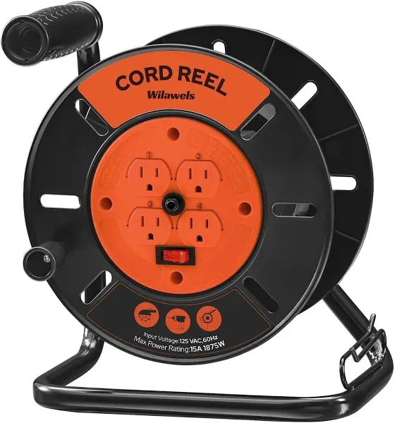 Extension Cord Storage Reel with 4-Grounded Outlets, Heavy Duty Open Cord Reel for 12/3,14/3,16/3 Gauge Power Cord, Hand Wind Retractable, 15A Circuit Breaker, ETL Listed, Orange G95CR06