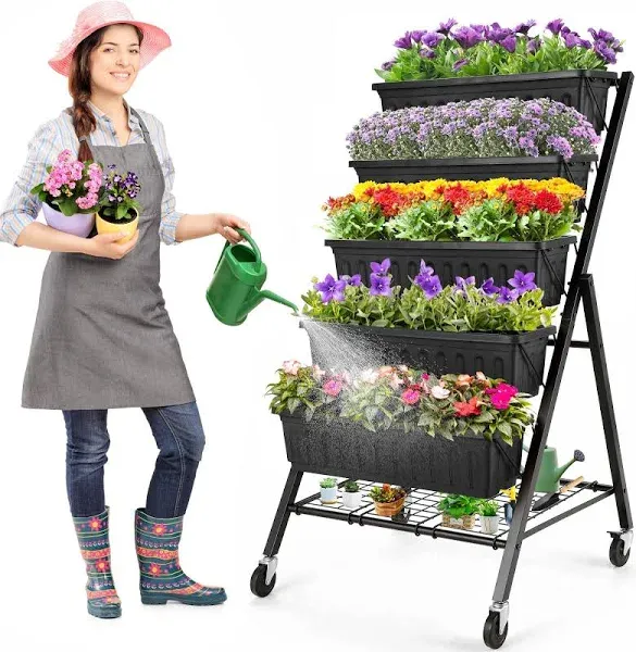 Homdox 4FT Vertical Garden Bed, 5 Tiers Vertical Raised Garden Planter, 25.6 * 26 * 48Inch Garden Raised Bed with 4 Hooks & 4 Wheels, Vegetable Flower Planter Raised Stand, Black with Storage Rack