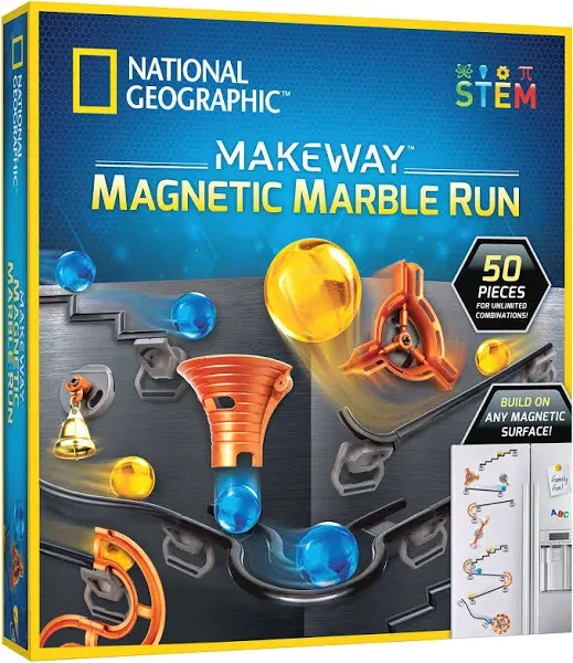 National Geographic Magnetic Marble Run - 50-Piece Stem Building Set for Kids & Adults, with Magnetic Track, Trick Pieces, & Marbles