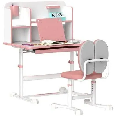 Qaba Kids Desk and Chair Set, Height Adjustable Kids School Study Desk and Chair Set with Tilt Desktop, Storage Drawer and Reading Rack for Writing, Reading and Drawing, Pink